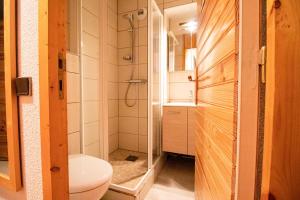 La salle de bains est pourvue de toilettes et d'une douche. dans l'établissement MUCILLON G - Appartement MUCILLON 794, à Valmorel