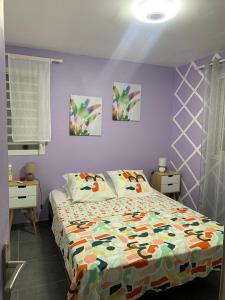 ein Schlafzimmer mit einem Bett und zwei Gemälden an der Wand in der Unterkunft Studio La Félicité in Le Moule