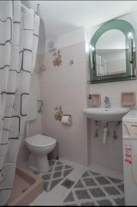 a bathroom with a toilet and a sink and a mirror at Alonaki home 1 in Mesaíon Karlovásion