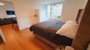 - une chambre avec un lit, un bureau et une fenêtre dans l'établissement DHG Luxury Apartments Zurich-Wollishofen, à Zurich