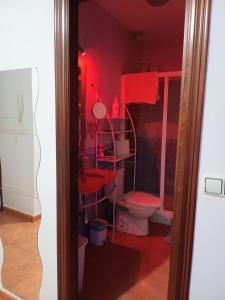 アヤモンテにあるApartamento 1 dormitorioの赤い壁のバスルーム(トイレ付)