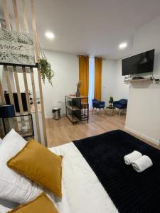 - une chambre avec un lit et un salon dans l'établissement Lorient, Studio Centre, Fibre Proche Gare, Plage, à Lorient