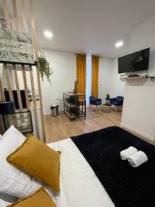 ein Schlafzimmer mit einem Bett und ein Wohnzimmer in der Unterkunft Lorient, Studio Centre, Fibre Proche Gare, Plage in Lorient