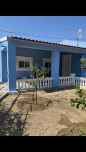a blue house with a small tree in front of it at Villa Lothiko in Karpathos Town