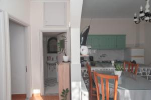 a kitchen with green cabinets and a table with chairs at Alonaki home 1 in Mesaíon Karlovásion