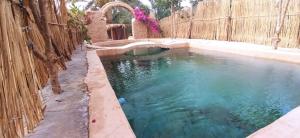 a pool of water next to a wooden fence at siwa gardenia cottage in Siwa