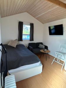 a bedroom with a bed and a couch and a tv at Hlíðarás Guesthouse in Ölfus