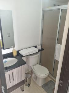 a bathroom with a toilet and a sink and a mirror at Apartamento Norte de Armenia in Armenia