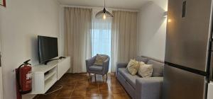 sala de estar con sofá y TV en Cabo Sardão Guest House, en Odemira