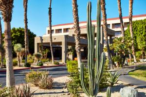 un edificio con palmeras frente a una calle en DoubleTree by Hilton Golf Resort Palm Springs, en Cathedral City