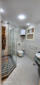 a bathroom with a shower and a toilet and a sink at VIP Nile Tower in Cairo