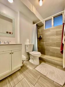 a bathroom with a toilet and a sink and a shower at Waikiki Beachside Hostel in Honolulu