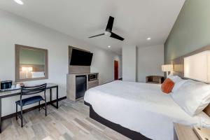 サンアントニオにあるAmericas Best Value Inn San Antonio Downtown Riverwalkのベッドルーム(ベッド1台、デスク、テレビ付)