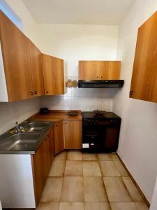 una pequeña cocina con armarios de madera y fregadero en Appartamento Evelynn, en Pizzo