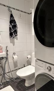 łazienka z toaletą i telewizorem na ścianie w obiekcie Trekker's Haven: Noux National Park Retreat w mieście Espoo