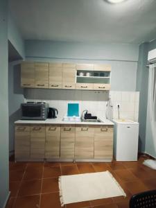 a kitchen with a sink and a microwave at Alexandros apartments in Afitos