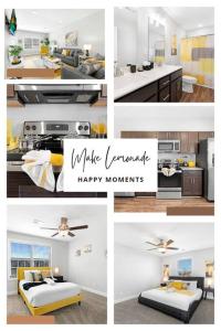 a collage of photos of a kitchen with yellow at Make Lemonade in luxury w king bed and free parking plus 40 minutes to Nashville in Clarksville