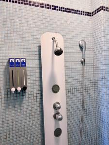 a shower in a tiled bathroom with a shower at Greek Frontier Villa in Magong