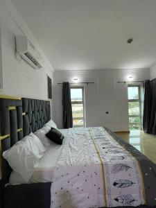拉各斯的住宿－2 Bed Luxury Apartment in Oniru VI Lagos，一间卧室设有一张大床和两个窗户。