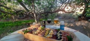 ein Tablett mit Essen auf einem Tisch mit Gläsern Wein in der Unterkunft Casa de Montaña Las Trancas in Villa Unión
