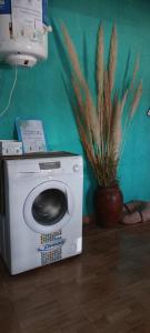eine Waschmaschine auf dem Boden neben einer Anlage in der Unterkunft Casa de Montaña Las Trancas in Villa Unión