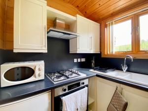 uma cozinha com um fogão e um micro-ondas em Apple-uk46285 em Camerton