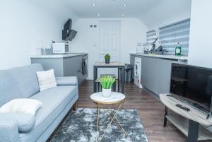a living room with a couch and a tv at Aylesbury Studio Apartment 6 with parking in Buckinghamshire