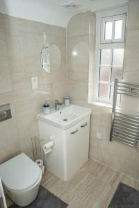 uma casa de banho branca com um WC e um lavatório em Aylesbury Studio-6 with parking em Buckinghamshire