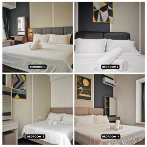 four different pictures of a bed in a room at Yussy Homestay at R&F Princess Cove in Johor Bahru