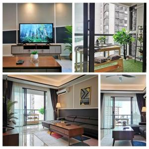 a collage of four pictures of a living room at Yussy Homestay at R&F Princess Cove in Johor Bahru