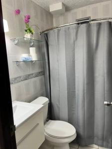 a bathroom with a toilet and a shower curtain at Tranquil & Cozy Studio Near Tmobile District. in San Juan