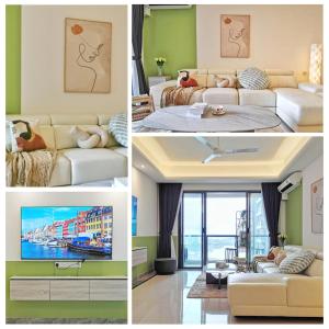 un collage de cuatro fotos de una sala de estar en Yussy Homestay at R&F Princess Cove, en Johor Bahru