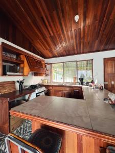 a kitchen with wooden cabinets and a large counter top at Casa Verde in Uvita