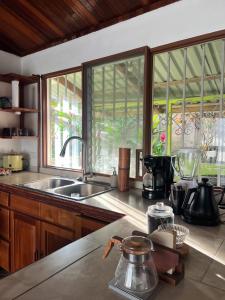 a kitchen with a sink and two windows at Casa Verde in Uvita