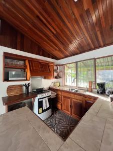 a kitchen with wooden cabinets and a wooden ceiling at Casa Verde in Uvita