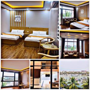 a collage of four pictures of a hotel room at Căn Hộ 6 ngủ view biển và view âu tàu Tuần Châu - Hạ Long in Ha Long