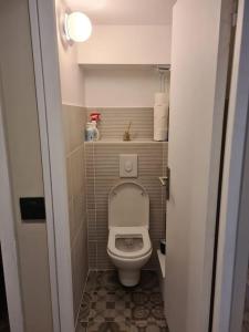 a small bathroom with a toilet with the lid up at Chalet Le Parc de Latour, au pied de la montagne in Latour-de-Carol +23 photos