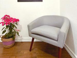 una silla blanca sentada junto a una maceta en Casa Geranio conveniente y funcional., en Cuernavaca