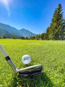 Ein Frisbee und ein Golfklub auf dem Rasen in der Unterkunft Haus Riedl in Seefeld in Tirol