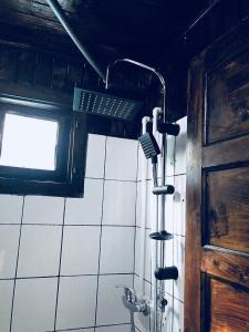 eine Dusche im Bad mit Fenster in der Unterkunft Hostel Flamingo Costinesti in Costinești