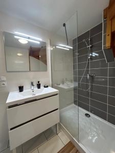 uma casa de banho com um chuveiro, um lavatório e um espelho. em Spacieux duplex à Folschviller 