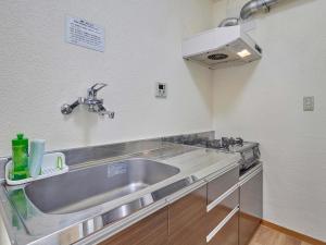 a kitchen with a stainless steel sink and a stove at Yukurina Resort Okinawa in Motobu
