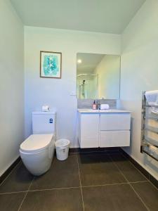a white bathroom with a toilet and a sink at Kingfisher Lodge in Lake Tekapo +1 photo