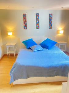 a bedroom with a blue bed with blue pillows at Chambre Chants d'oiseaux in Brussels