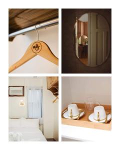 uma colagem de fotografias de um quarto com uma cama e um espelho em BELLADAMA HOTEL em San Carlos