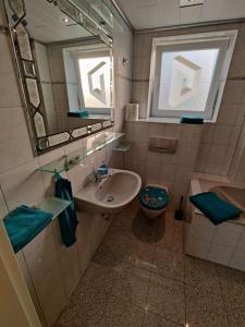 een badkamer met een wastafel, een toilet en een spiegel bij Abschalten und Urlaub machen im Herzen der Rhön in Münnerstadt