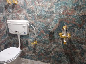 La salle de bains est pourvue de toilettes et d'un mur en mosaïque. dans l'établissement Apple Garden View and Restaurant, à Pahalgām