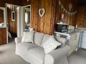 ein Wohnzimmer mit einem Sofa und einer Mikrowelle in der Unterkunft Chalet Thirty Two in Seaton