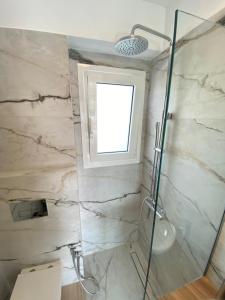 ein Bad mit einer Dusche, einem WC und einem Fenster in der Unterkunft Kasaj Luxury Apartments in Porto Rafti
