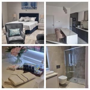 a collage of pictures of a bedroom and a bathroom at C & A Suites - Athos Suite in Kathikas